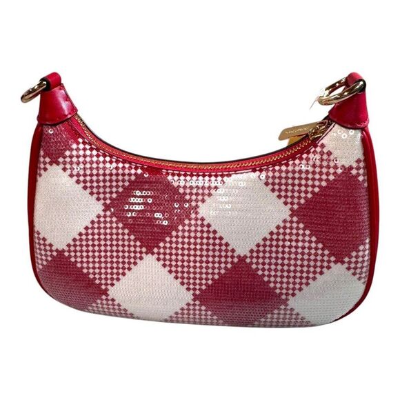 Michael Kors Cora Bright Red Sequin Plaid Medium Zip Pouchette w/ Strap NEW $428 - Picture 8 of 11